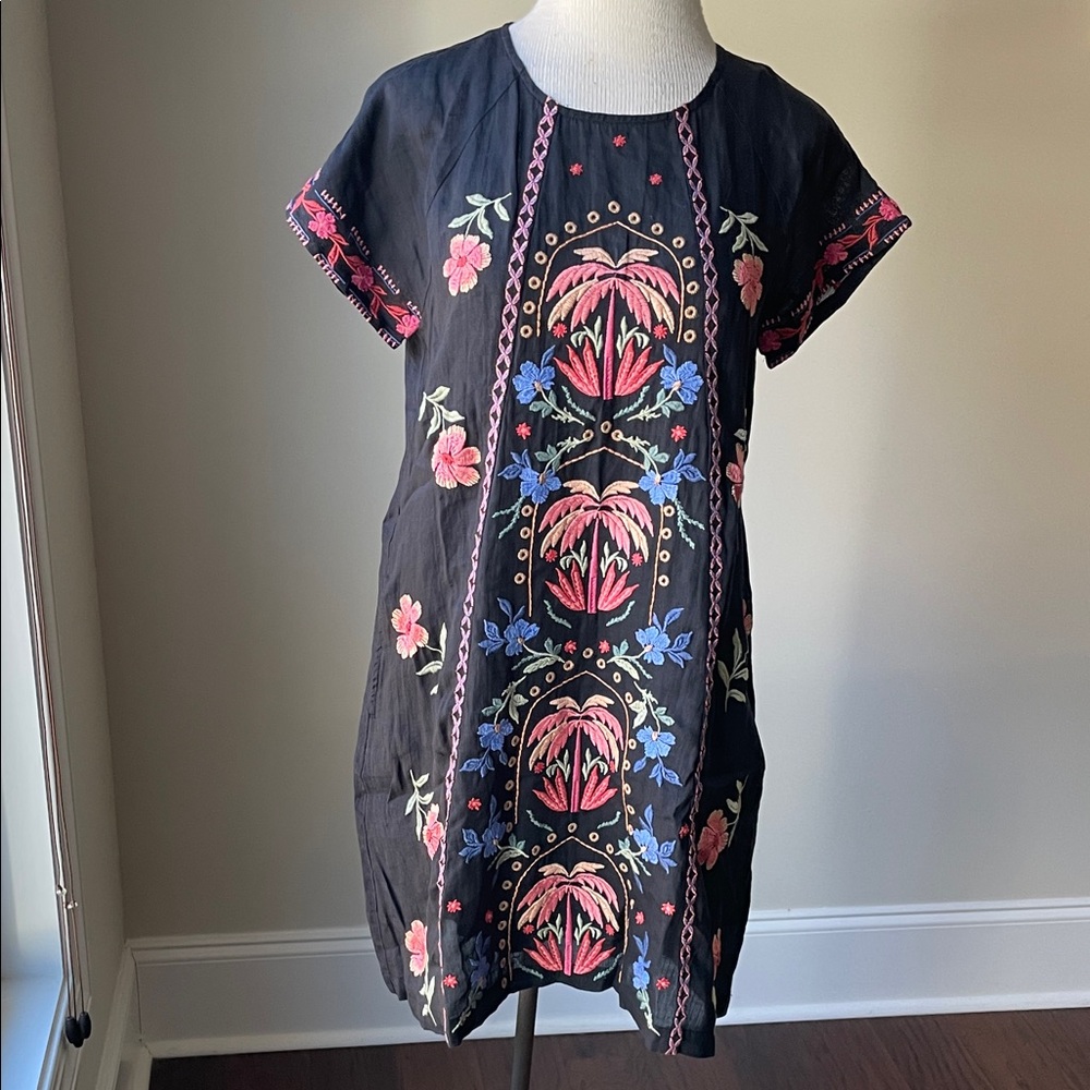 Johnny Was Kids Black Dress with Pink and Blue Embroidery